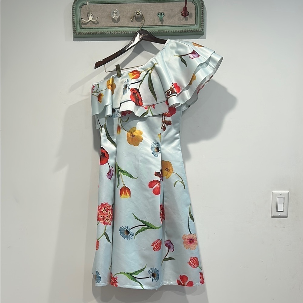 True Violet Sateen Garden floral powder blue Ruffled One Shoulder Sundress 10 - Picture 2 of 12